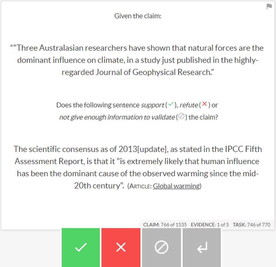 Prodigy interface showing a climate-change claim and a sentence to be marked as supporting, refuting, or not validating the claim